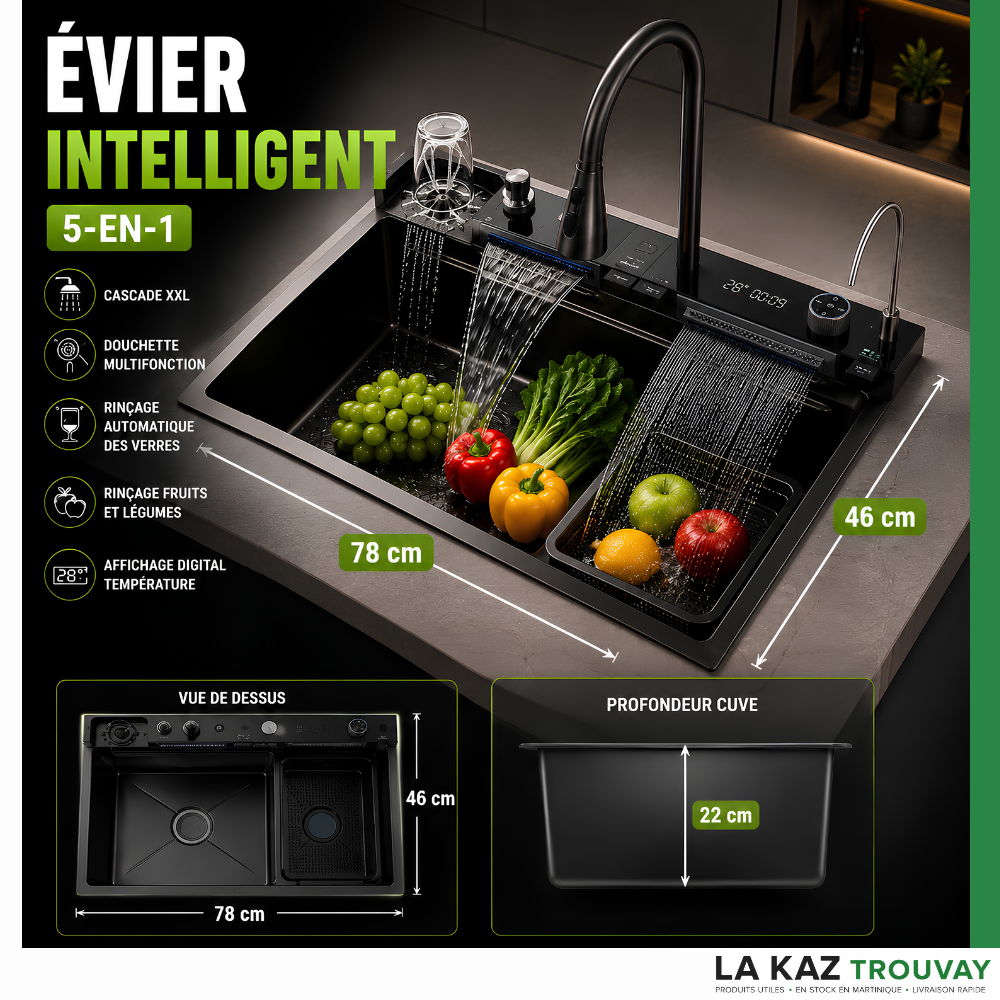 Évier Intelligent Premium 5-en-1 XL – Cascade XXL, Rinçage Automatique & Affichage Digital