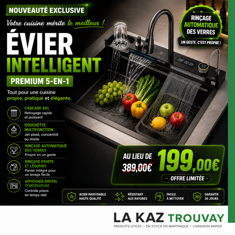 Évier Intelligent Premium 5-en-1 XL – Cascade XXL, Rinçage Automatique & Affichage Digital